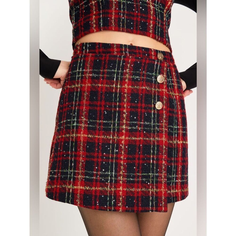 Lulus Red Plaid Sequin Tweed Mini Skirt Gold Button Wrap Front Small